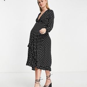 NWT! Queen Bee Maternity wrap midi dress black polka 12 long sleeves